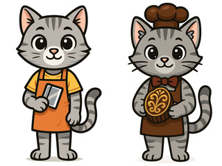 Obraz premium Cute cartoon cats in aprons, one with a spatula and the other with a baked treat, showcasing lively kitchen fun