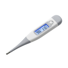 Digital thermometer with blue screen and gray button for medical use, isolated on white background