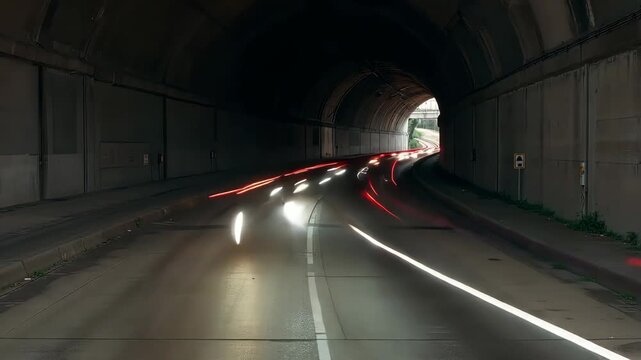 Fast Traffic Light Trails Speeding through Dark Concrete Tunnel, Time Lapse