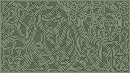 Intricate Green Celtic Knotwork Background with Complex Overlapping Woven Lines.