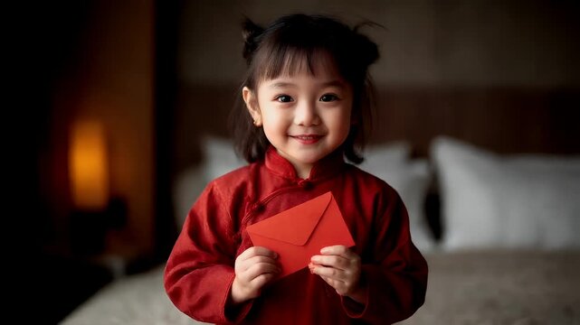 Chinese lunar new year holiday celebration. Spring festival tradition. Chunjie. Asia. A young girl in a red cheongsam holds a red envelope. The image is captured in a shallow depth of field.