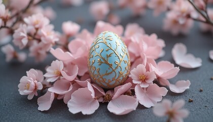 Easter holiday celebration background. Ornate blue egg with gold floral patterns nestled among pink cherry blossoms, springtime, decoration, festive, traditional.