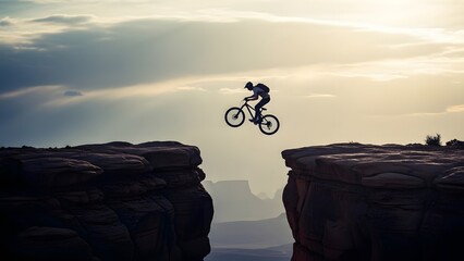 Mountain biker jumping across a canyon gap at sunset. Extreme sports and adrenaline adventure. Athlete riding a bicycle through the air between rocky cliffs in the desert