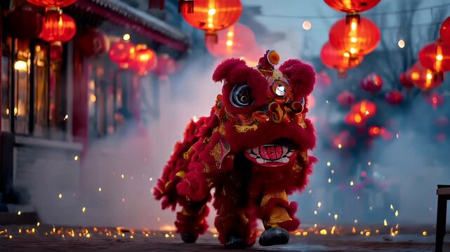 Chinese lunar new year holiday celebration. Spring festival tradition. Chunjie. Asia. A vivid, actionpacked scene from a Chinese New Year celebration, featuring a red lion dance in the foreground.