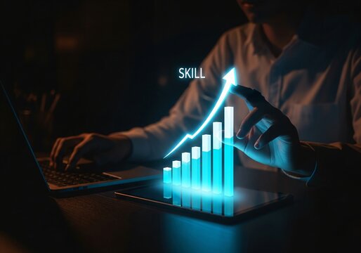 Up skill and personal development concept. employee pointing arrow to upskill or reskill, kill training, education, learning, ability, knowledge and competency for digital transformation.