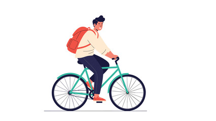 Fototapeta premium Young man with a red backpack rides a stylish green bicycle on a clean white background represents eco-friendly commuting and healthy lifestyle.