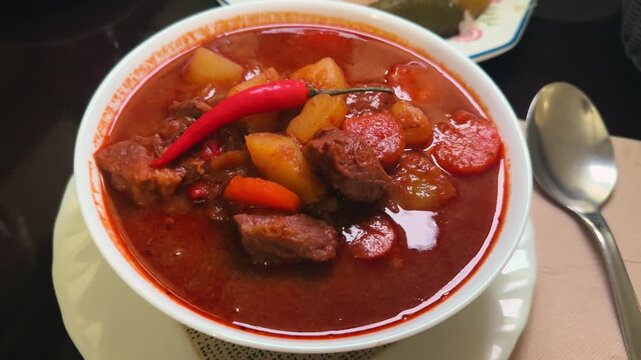 Hungarian cuisine concept. Close-up of traditional goulash meat soup. . High quality 4k footage