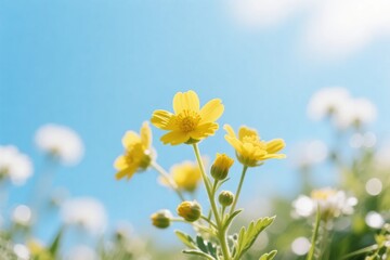 Yellow wildflowers in a sunny field. Close up of blooming buttercups against a clear blue sky with soft bokeh, nature, spring season, floral, bright.