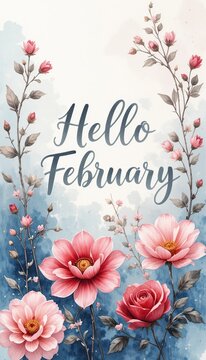 Hello February greeting card. Pink flowers and rose buds blooming against a soft blue and white artistic background, floral, springtime, monthly, calendar, celebration.