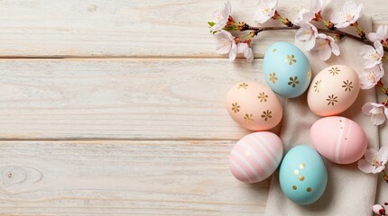 Obraz premium Easter holiday background with pastel eggs. Colorful painted eggs with gold patterns arranged next to cherry blossom branches on a light wooden table, spring, celebration, festive, decoration.