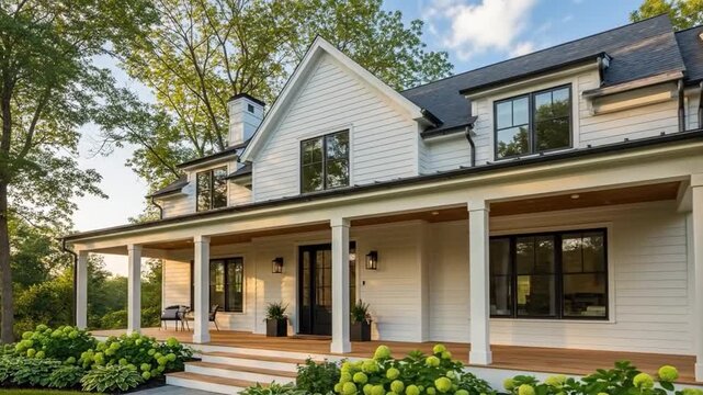 Contemporary White Farmhouse Exterior with Black Windows and Porch