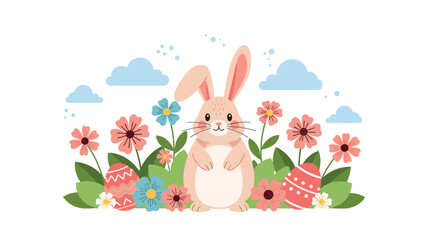 Fototapeta premium Adorable Easter bunny stands in a blooming garden with colorful flowers and decorated Easter eggs under a bright blue sky with soft white clouds.