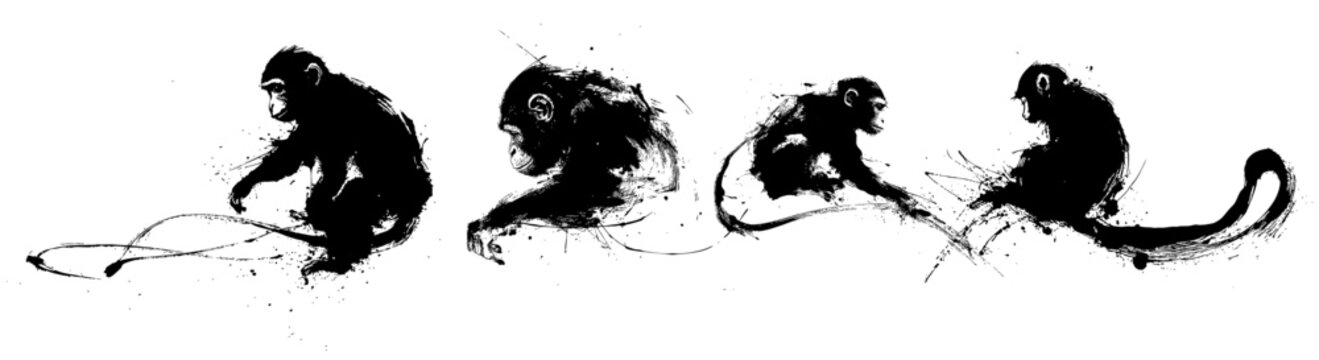 Chinese new year monkey zodiac brush painting with dynamic ink strokes on white background