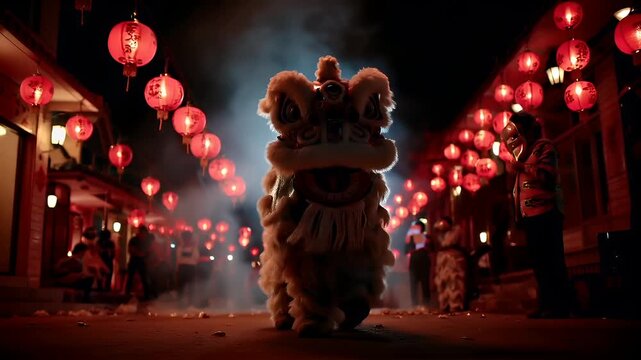 Chinese lunar new year holiday celebration. Spring festival tradition. Chunjie. Asia. A vivid, cinematicstyle depiction of a traditional Chinese lantern festival scene.