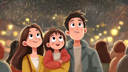 Chinese lunar new year holiday celebration. Spring festival tradition. Chunjie. Asia. A vibrant illustration of a young man and woman standing together, with the woman slightly behind him.