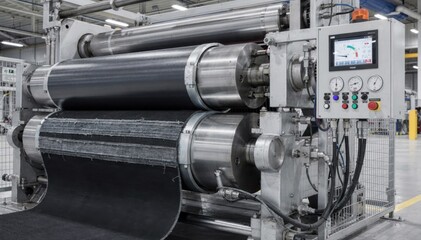 Medium shot of a threeroll calendar system combining fabric and rubber layers with precision control gauges emphasizing the complexity of industrial tire material production.