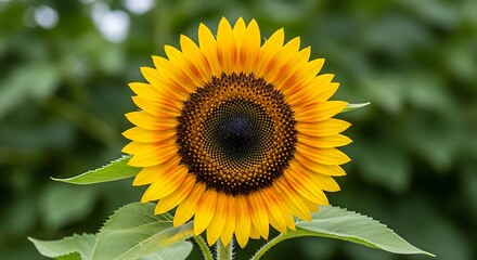 Obraz premium Bright yellow sunflower blooms with dark center and green leaves.