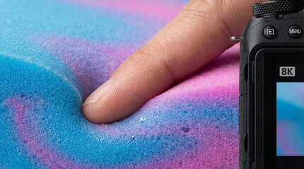 Finger pressing into colorful memory foam next to 8K camera