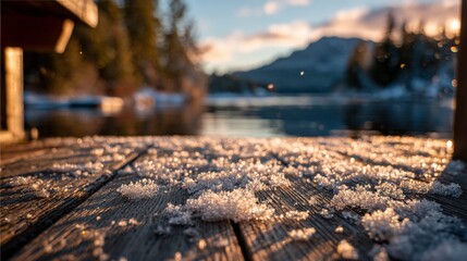 Naklejka premium Winter's icy embrace on a wooden dock. Snow crystals sparkle on weathered planks, with a serene lake and mountains beyond