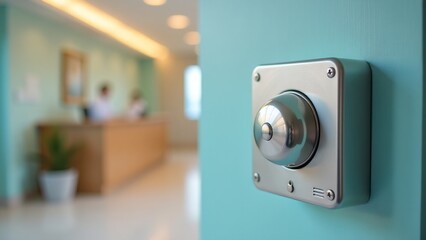 Modern office building door lock with blurred reception desk background, corporate interior design element for marketing materials, business presentation backdrop with copy space for text