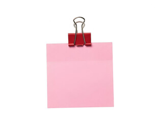 Red paper clip on pink note isolated on transparent background