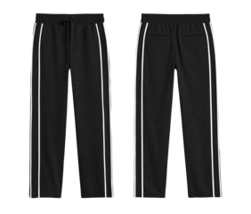Black Athletic Track Pants with White Side Stripes, Front and Back Isolated on Transparent Background