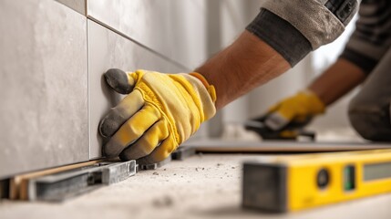 Gloved hands placing ceramic tiles (yellow gloves)