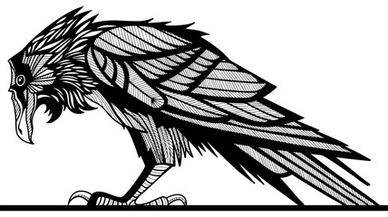 Obraz premium Vector illustration of a raven in dark graphic style. Black and white bird with detailed feathers, mystical and gothic aesthetic, isolated on white background.