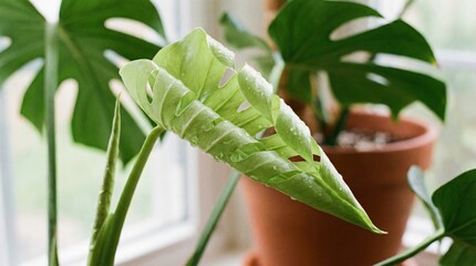 Close-up of new leaf on monstera