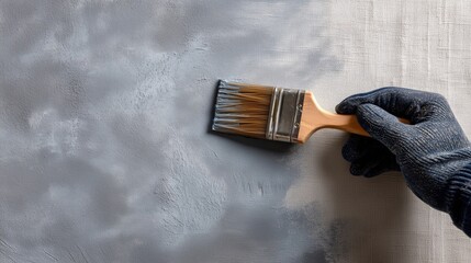 Gloved hand painting concrete surface &mdash; close-up