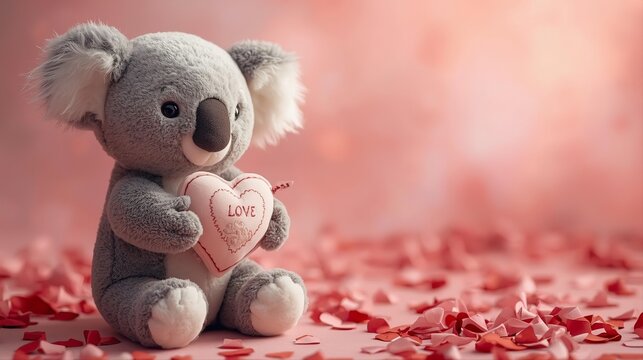 Soft koala stuffed animal embracing decorative heart cushion with "LOVE" text on pink background with scattered rose petals. Ideal Valentine's Day 2026 romantic greeting, gift concept, tenderness them - Powered by Adobe