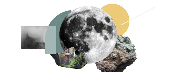 Moon collage with rock, planet, meteor and abstract shapes evoking wonder