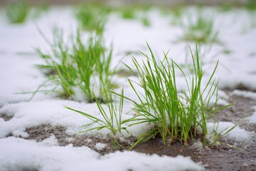 Obraz premium Emerging green grass through late winter snow on bare ground