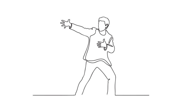 A minimalist black and white line drawing depicts a man in motion, arms outstretched as if dancing or performing, on a clean white background.