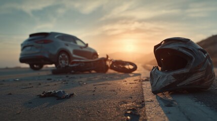 Motorcycle accident aftermath at sunset