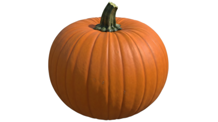 Large orange pumpkin with green stem on it top and black background.