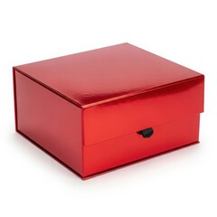 Red gift box with black pull tab on white background present packaging
