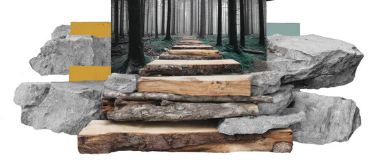 Misty forest pathway with wooden steps and stone collage, moody atmosphere