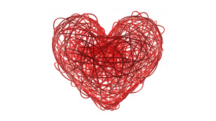 An intricate red heart crafted from intertwined threads, symbolizing complex love and connection isolated on transparent background