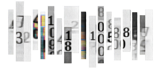 Abstract collage of numbered strips with textured paper and digital color