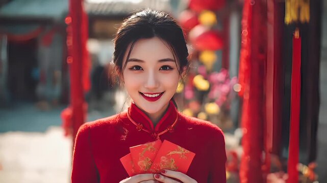 Chinese lunar new year holiday celebration. Spring festival tradition. Chunjie. Asia. A woman in a red cheongsam holding red envelopes with golden patterns.