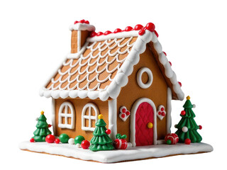 Fototapeta premium A cozy ginger house decorated with festive Christmas trees and ornaments