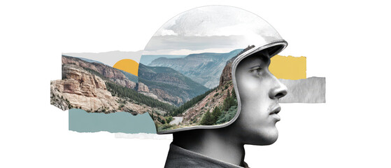 Collage portrait of person wearing vintage helmet with layered mountain landscape and textured
