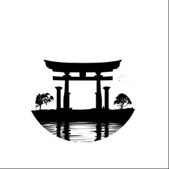 A stylistic logo of a japanese tori gate in black and white. Very simple