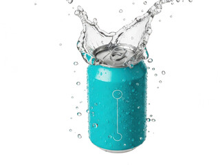 Turquoise soda can splash isolated on transparent background