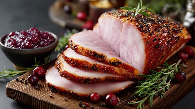 Sliced ham with spices and cranberry sauce on a wooden board for an easter dinner.
