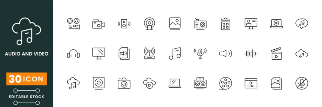 Audio and video icon set, multimedia sound and media player symbols, music playback icons, modern flat vector design