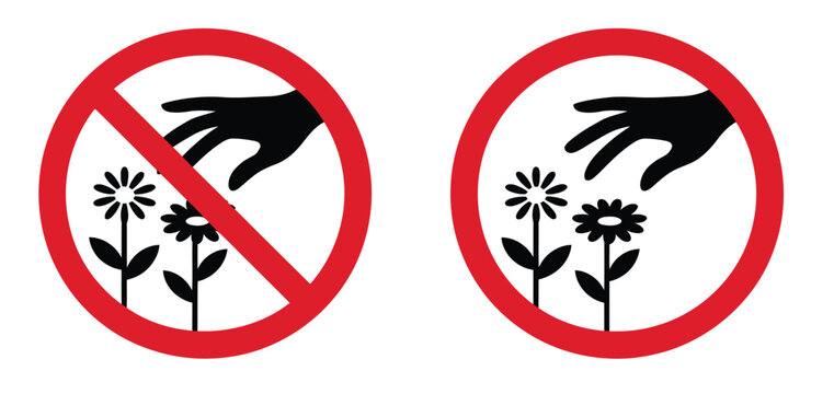 Do not pluck or grab flowers and blossoms sign featuring forbidden pick up plant symbol, stop and no ban, suitable for parks, gardens, nature protection, warning signage, and vector illustration