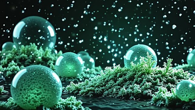Swirling spheres explode resin bubble texture, forming abstract patterns against a green background, with sparkling stars twinkling in a cosmic, futuristic scene at twilight.