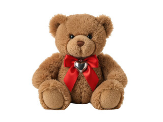 Obraz premium Cute brown teddy bear with red bow and silver heart pendant sitting on a transparent background